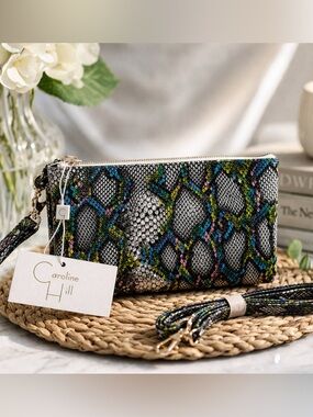 Caroline Hill Multicolor Snake-Print Wristlet Clutch in Black Multi